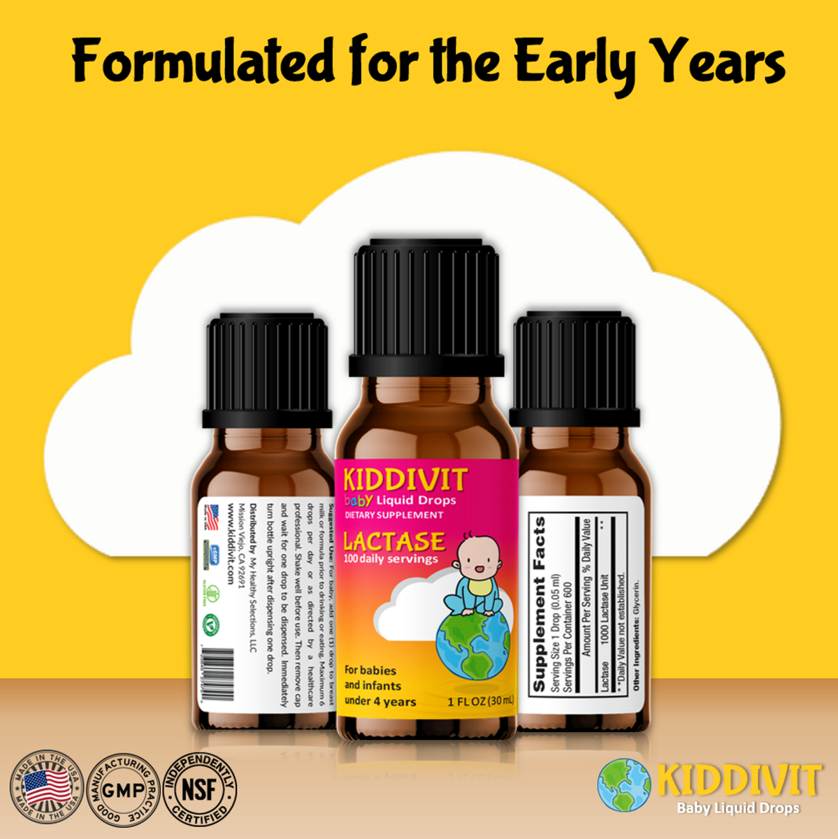 Baby Lactase Liquid Drops 1 FL OZ KIDDIVIT