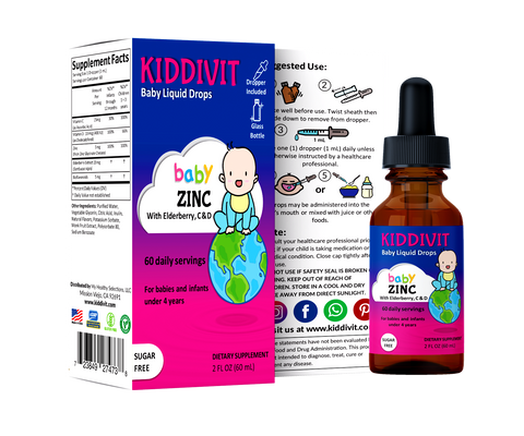 Kiddivit Baby Zinc liquid drops with zinc, elderberry, vitamin c, bioflavonoids for babies and infants under 4 years. Comes in 2 FL OZ glass bottle with 60 servings. It is sugar free, made in USA, cGMP, gluten free, and vegetarian friendly. (Espanol) Kiddivit Baby Zinc gotas líquidas con zinc, saúco, vitamina c, bioflavonoides para bebés y lactantes menores de 4 años. Viene en botella de vidrio de 2 FL OZ con 60 porciones. Es sin azúcar, fabricado en EE. UU., CGMP, sin gluten y apto para vegetarianos.