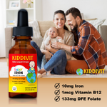 Kiddivit Baby Iron liquid drops with 10mg of Iron as polysaccharide complex, 1mcg of vitamin B12, and 133mcg DFE of folate for babies and infants under 4 years. (Espanol) Kiddovit Baby Iron gotas líquidas con 10 mg de hierro como complejo polisacárido, 1 mcg de vitamina B12 y 133 mcg DFE de ácido fólico para bebés y niños menores de 4 años.